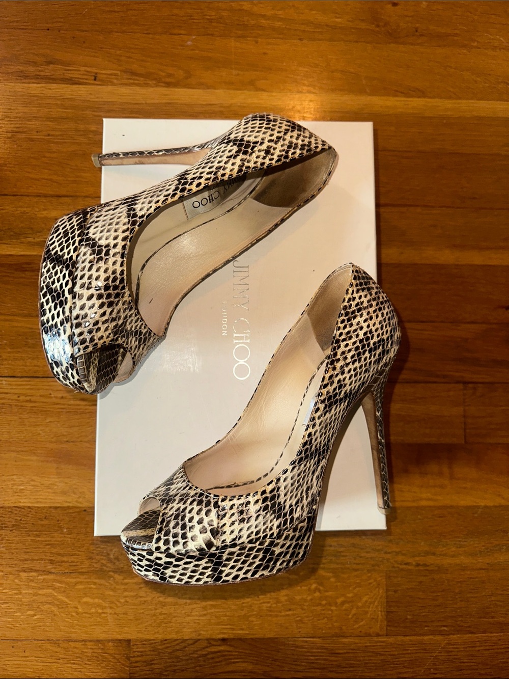Jimmy Choo Crown Glossy Elaphe Natural Snakeskin Peep-Toe Platform Heels